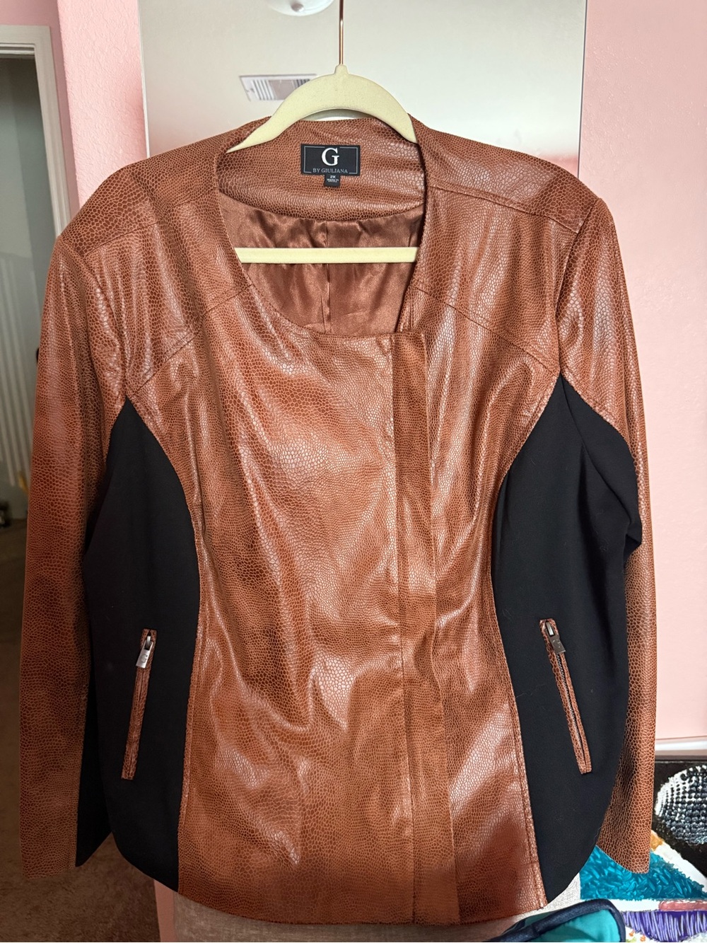G by Giuliana 2X Brown Faux Leather Moto Jacket Reptile Embossed